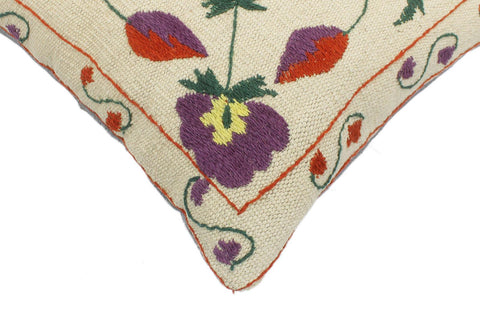 handmade  Pillow Beige Rust Hand-Woven SQUARE 100% Wool Suzani Throw Pillow