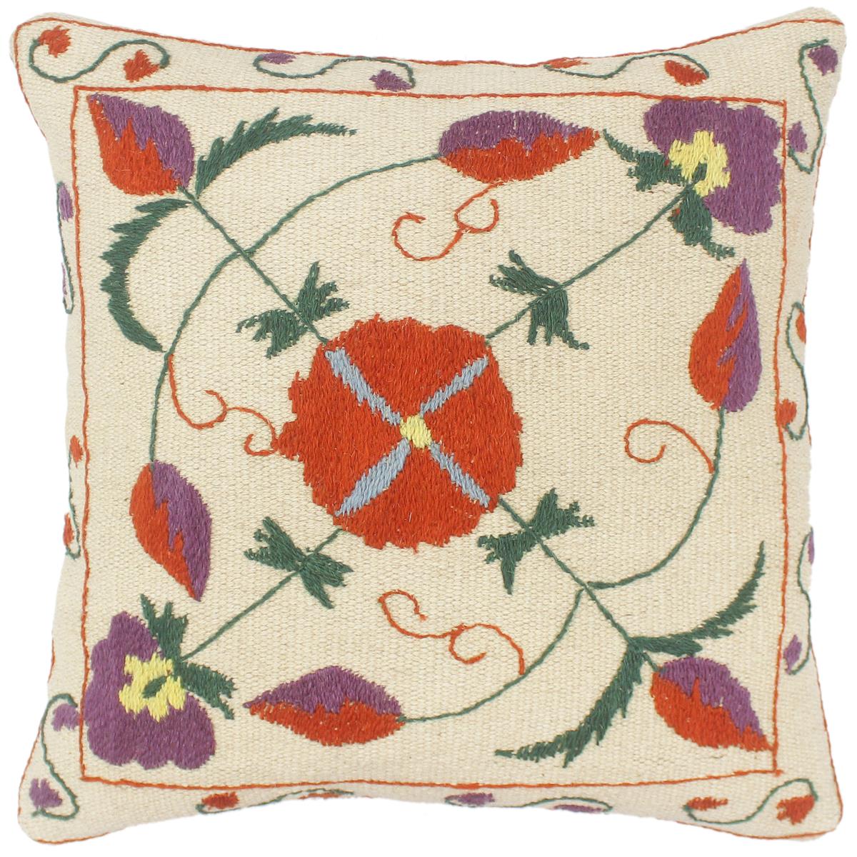 handmade  Pillow Beige Rust Hand-Woven SQUARE 100% Wool Suzani Throw Pillow