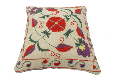 handmade  Pillow Beige Rust Hand-Woven SQUARE 100% Wool Suzani Throw Pillow