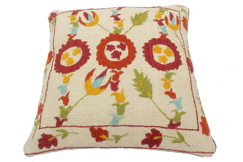 handmade  Pillow Beige Rust Hand-Woven SQUARE 100% Wool Suzani Throw Pillow