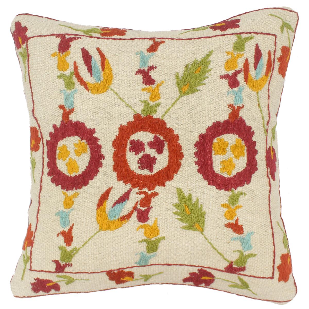 handmade  Pillow Beige Rust Hand-Woven SQUARE 100% Wool Suzani Throw Pillow