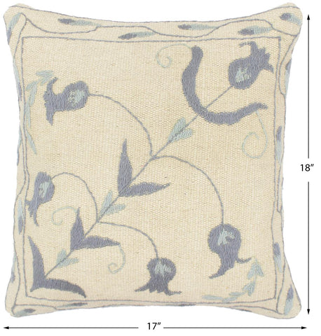 handmade  Pillow Beige Blue Hand-Woven SQUARE 100% Wool Suzani Throw Pillow