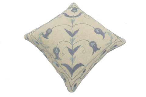 handmade  Pillow Beige Blue Hand-Woven SQUARE 100% Wool Suzani Throw Pillow