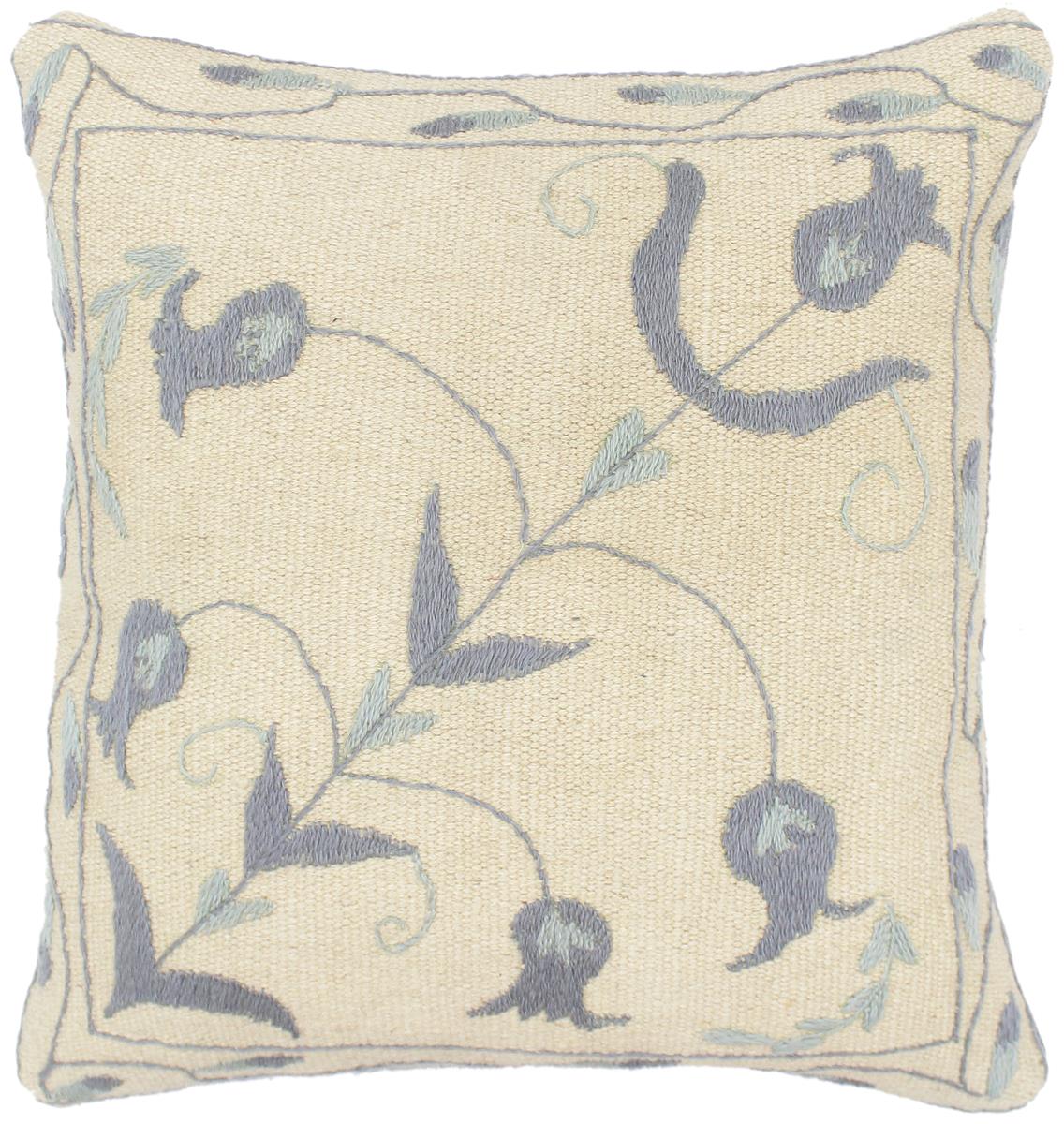 handmade  Pillow Beige Blue Hand-Woven SQUARE 100% Wool Suzani Throw Pillow