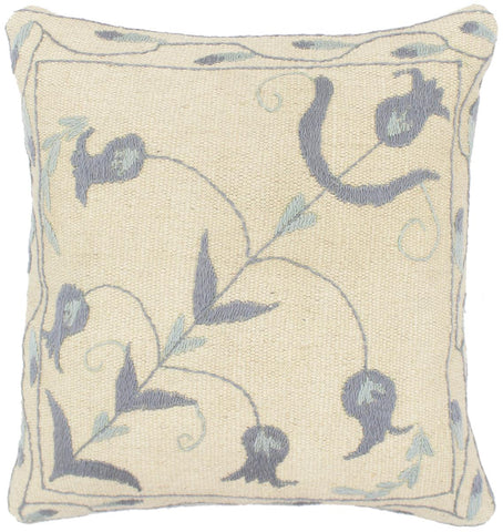 handmade  Pillow Beige Blue Hand-Woven SQUARE 100% Wool Suzani Throw Pillow