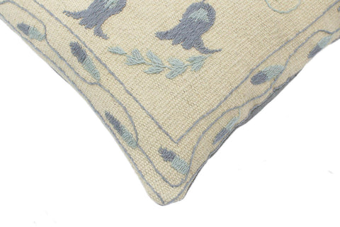 handmade  Pillow Beige Blue Hand-Woven SQUARE 100% Wool Suzani Throw Pillow