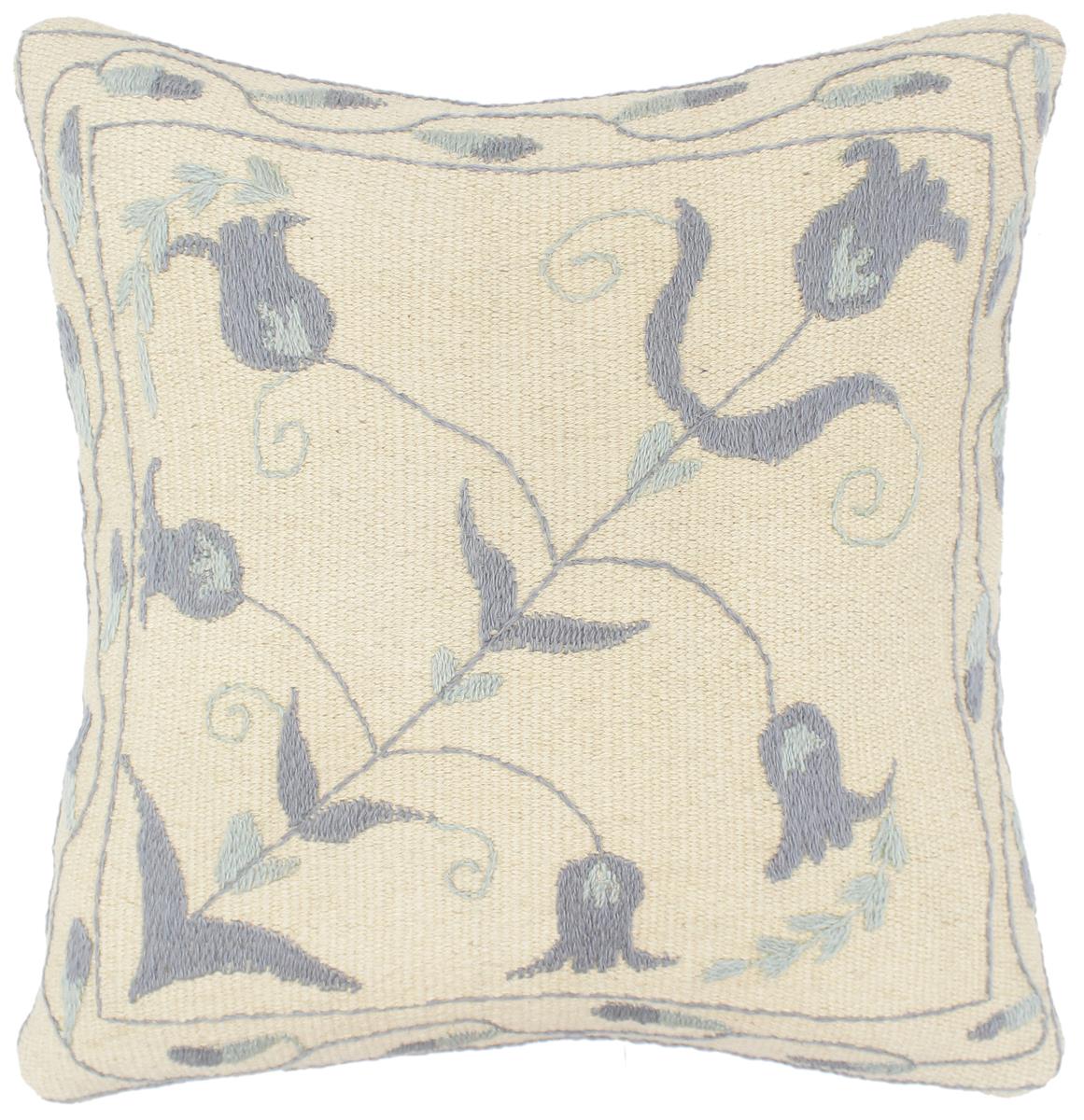 handmade  Pillow Beige Blue Hand-Woven SQUARE 100% Wool Suzani Throw Pillow