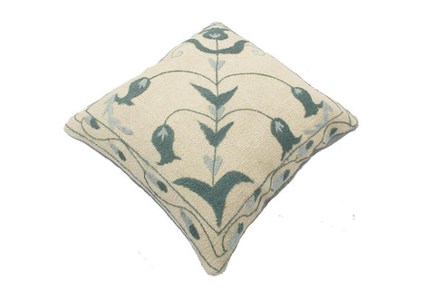 handmade  Pillow Beige Green Hand-Woven SQUARE 100% Wool Suzani Throw Pillow