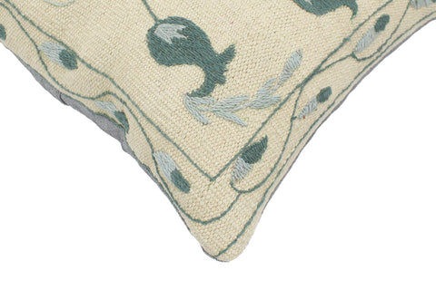 handmade  Pillow Beige Green Hand-Woven SQUARE 100% Wool Suzani Throw Pillow