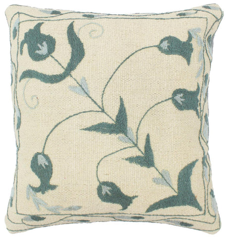 handmade  Pillow Beige Green Hand-Woven SQUARE 100% Wool Suzani Throw Pillow