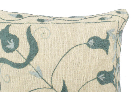 handmade  Pillow Beige Green Hand-Woven SQUARE 100% Wool Suzani Throw Pillow