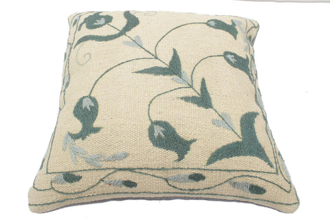 handmade  Pillow Beige Green Hand-Woven SQUARE 100% Wool Suzani Throw Pillow