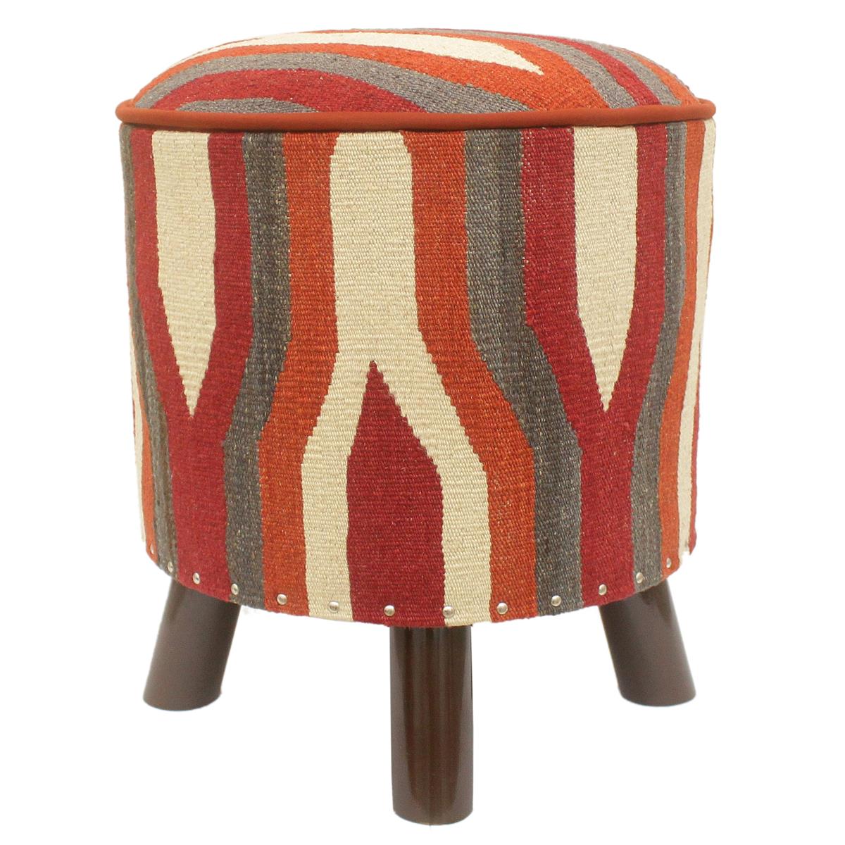 handmade Modern Ottoman Rust Red Hand-made ROUND Vegetable dyed wool and wood  17'' x 17'' x 19''