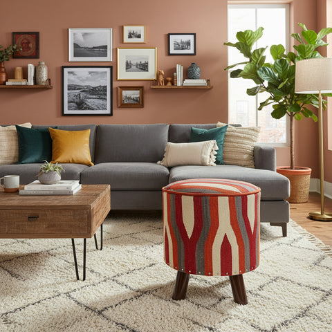 handmade Modern Ottoman Rust Red Hand-made ROUND Vegetable dyed wool and wood  