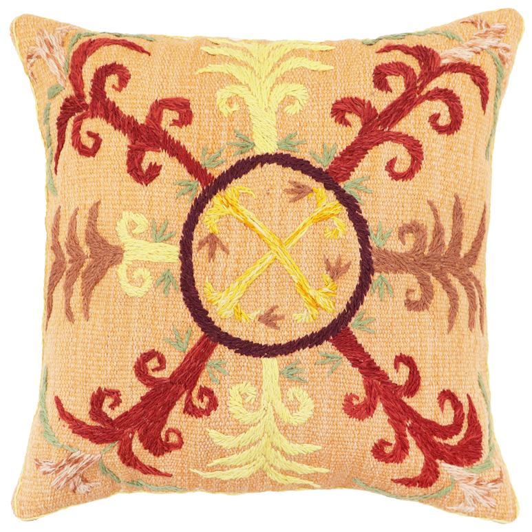 handmade Traditional Pillow Orange Red Hand-Woven SQUARE 100% WOOL Handmade pillow