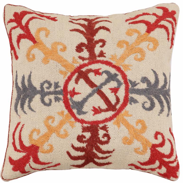 handmade Traditional Pillow Beige Red Hand-Woven SQUARE 100% WOOL Handmade pillow