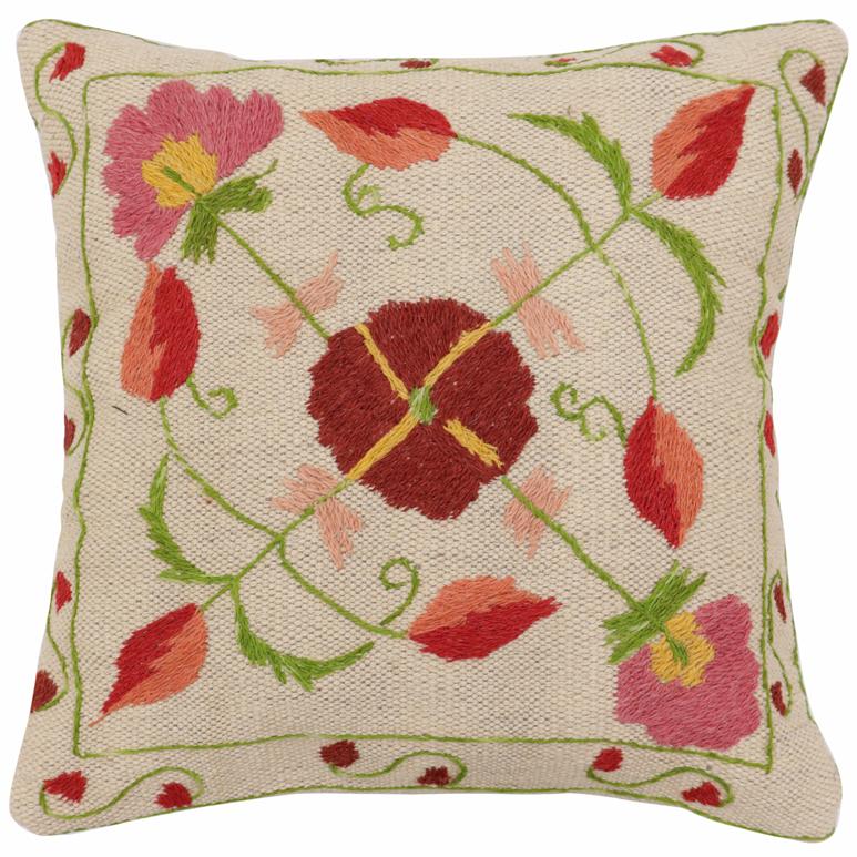 handmade Traditional Pillow Beige Red Hand-Woven SQUARE 100% WOOL Handmade pillow