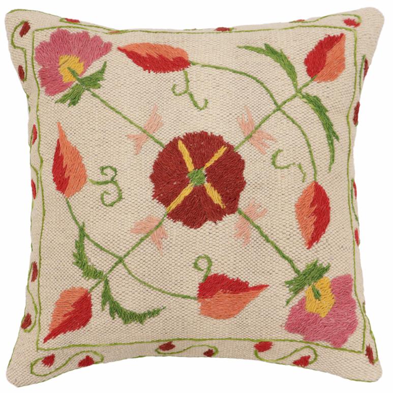 handmade Traditional Pillow Beige Red Hand-Woven SQUARE 100% WOOL Handmade pillow