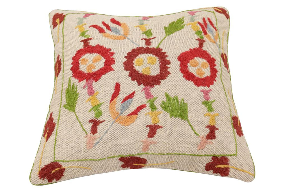 handmade Traditional Pillow Beige Red Hand-Woven SQUARE 100% WOOL Handmade pillow