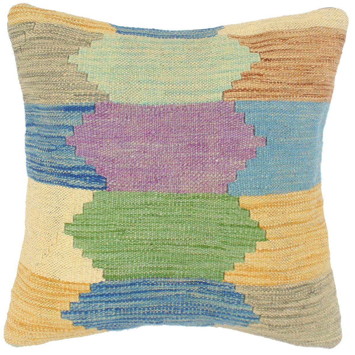 handmade Modern Pillow Blue Beige Hand-Woven SQUARE 100% WOOL  Hand woven turkish pillow  2 x 2