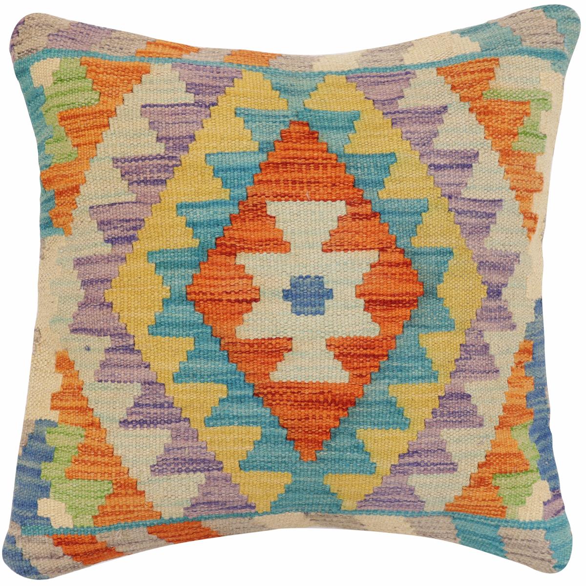 handmade Traditional Pillow Rust Blue Hand-Woven SQUARE 100% WOOL  Hand woven turkish pillow  2 x 2