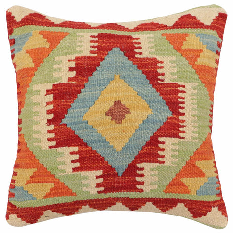 handmade Traditional Pillow Rust Blue Hand-Woven SQUARE 100% WOOL  Hand woven turkish pillow  2 x 2