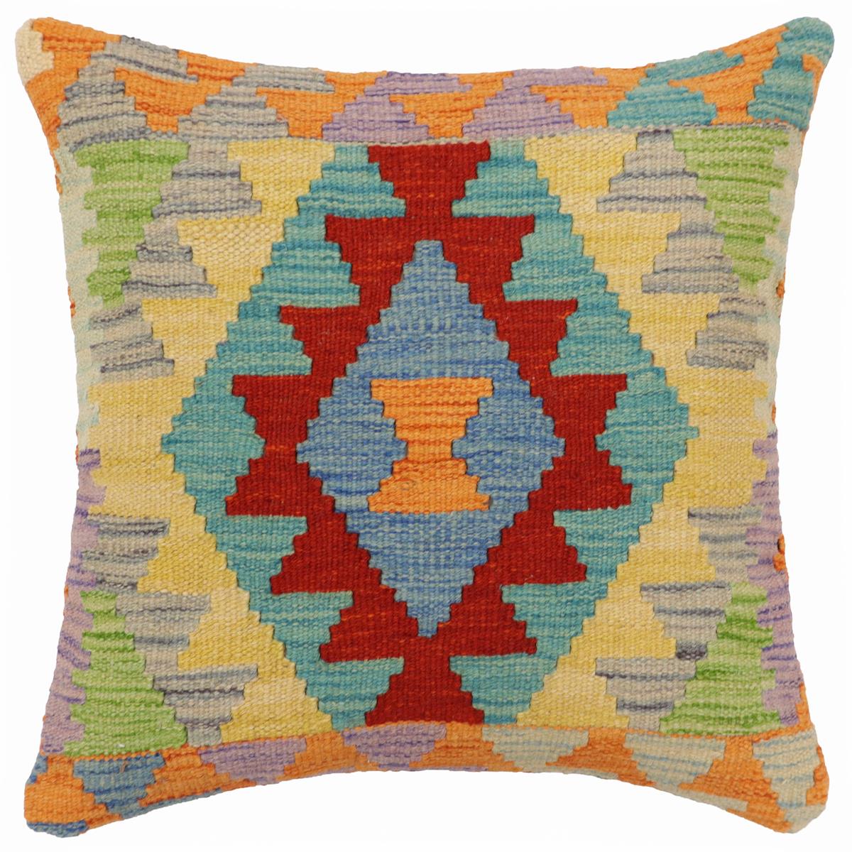 handmade Traditional Pillow Rust Blue Hand-Woven SQUARE 100% WOOL  Hand woven turkish pillow  2 x 2