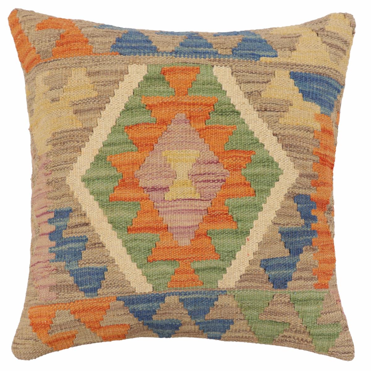 handmade Traditional Pillow Blue Orange Hand-Woven SQUARE 100% WOOL Hand woven turkish pillow2 x 2