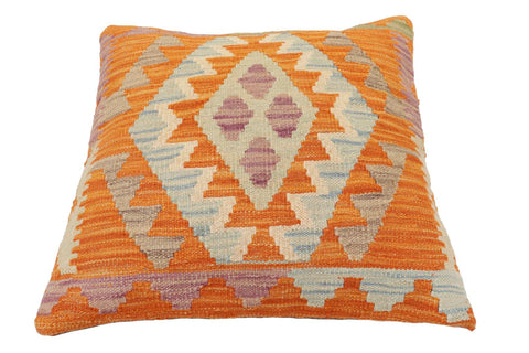 handmade Traditional Pillow Orange Blue Hand-Woven SQUARE 100% WOOL Hand woven turkish pillow2' x 2'