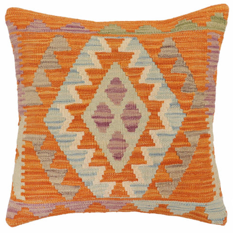 handmade Traditional Pillow Orange Blue Hand-Woven SQUARE 100% WOOL Hand woven turkish pillow2' x 2'