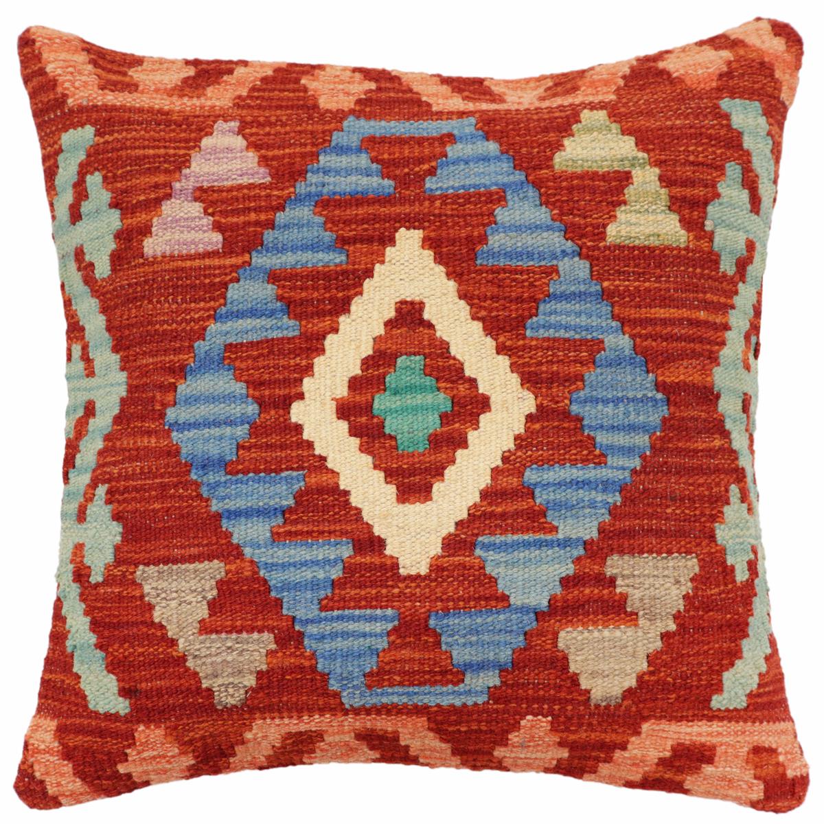 handmade Traditional Pillow Rust Blue Hand-Woven SQUARE 100% WOOL Hand woven turkish pillow2' x 2'