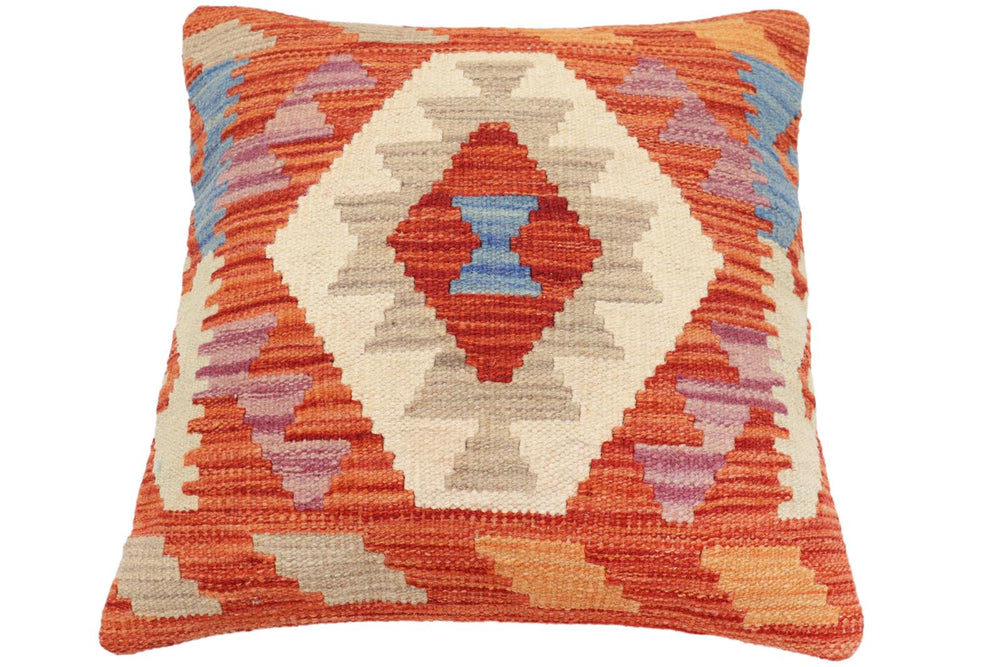 handmade Traditional Pillow Rust Blue Hand-Woven SQUARE 100% WOOL Hand woven turkish pillow2' x 2'