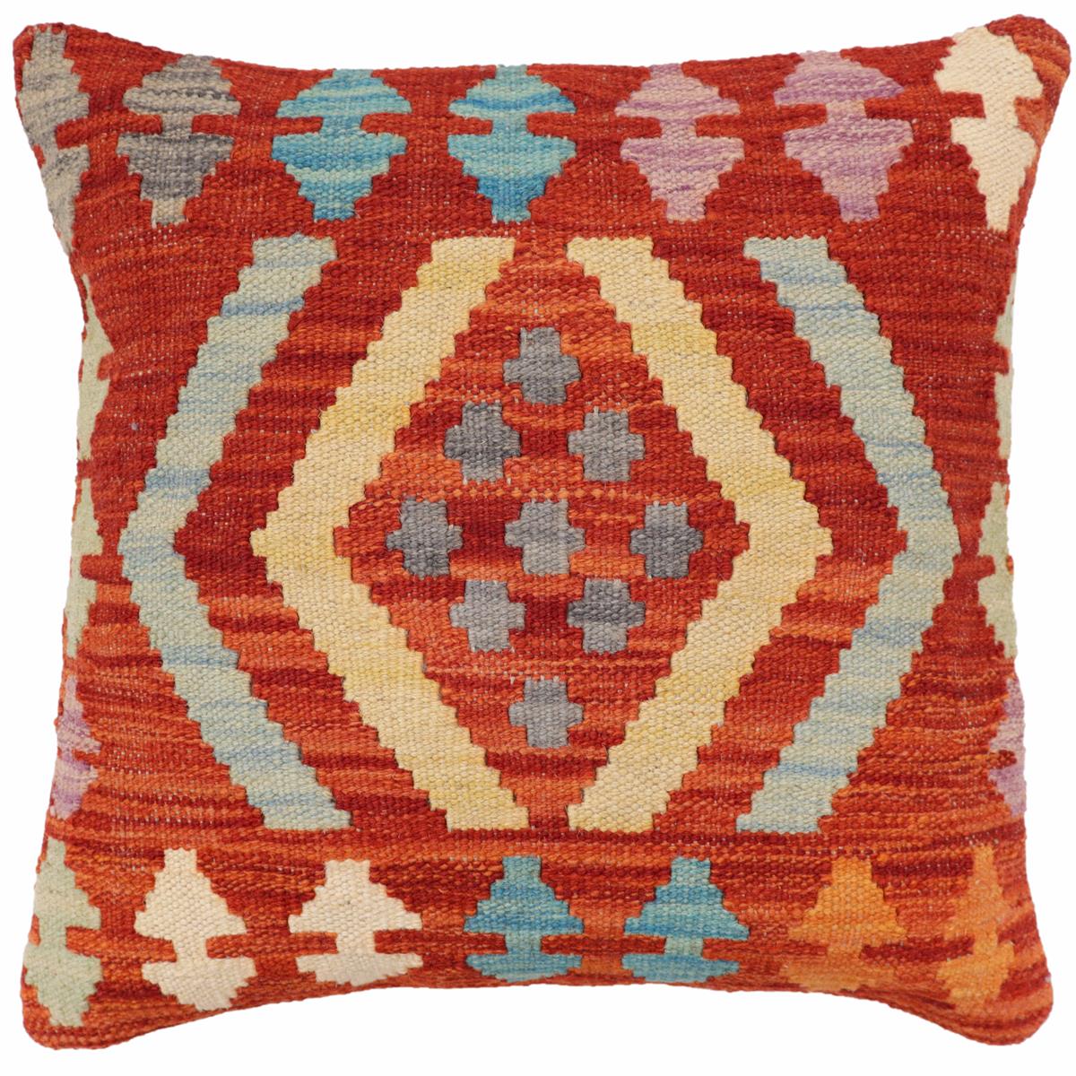 handmade Traditional Pillow Rust Blue Hand-Woven SQUARE 100% WOOL Hand woven turkish pillow2' x 2'