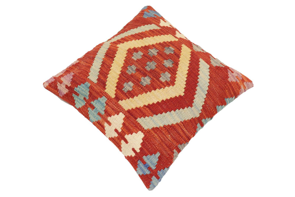handmade Traditional Pillow Rust Blue Hand-Woven SQUARE 100% WOOL Hand woven turkish pillow2' x 2'