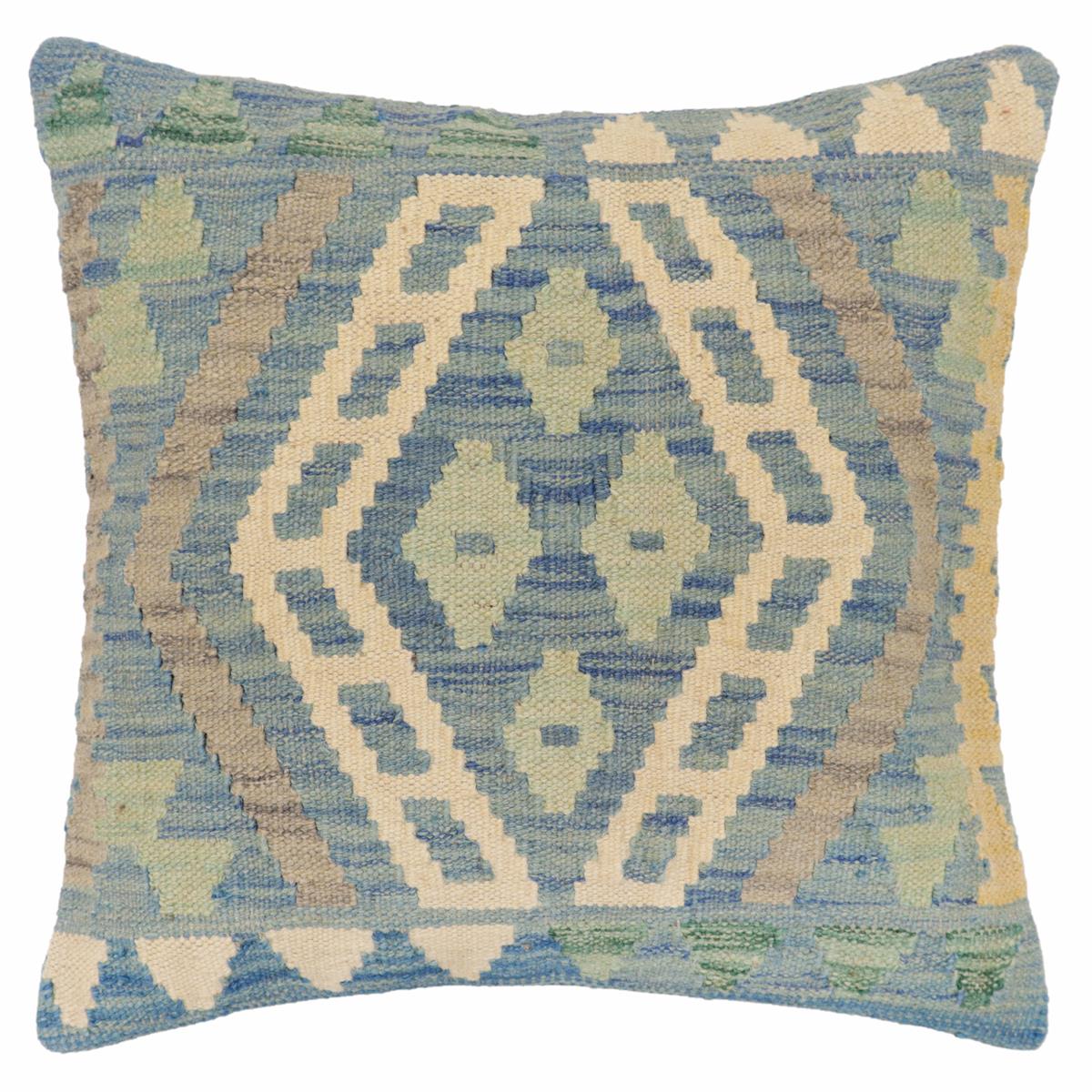 handmade Traditional Pillow Blue Beige Hand-Woven SQUARE 100% WOOL Hand woven turkish pillow2 x 2