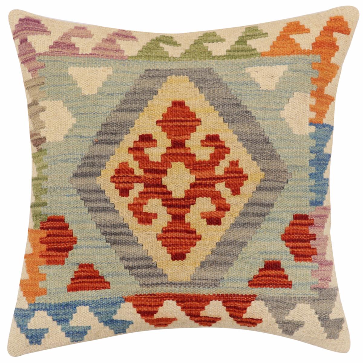 handmade Traditional Pillow Rust Blue Hand-Woven SQUARE 100% WOOL Hand woven turkish pillow2' x 2'