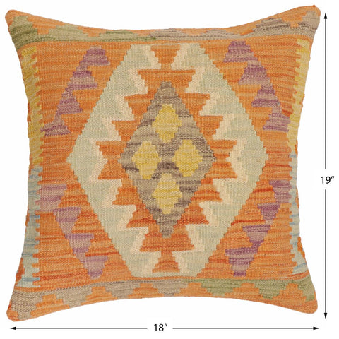 handmade Traditional Pillow Orange Blue Hand-Woven SQUARE 100% WOOL  Hand woven turkish pillow  2 x 2