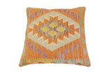 handmade Traditional Pillow Orange Blue Hand-Woven SQUARE 100% WOOL  Hand woven turkish pillow  2 x 2