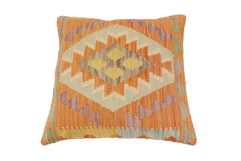 handmade Traditional Pillow Orange Blue Hand-Woven SQUARE 100% WOOL  Hand woven turkish pillow  2 x 2
