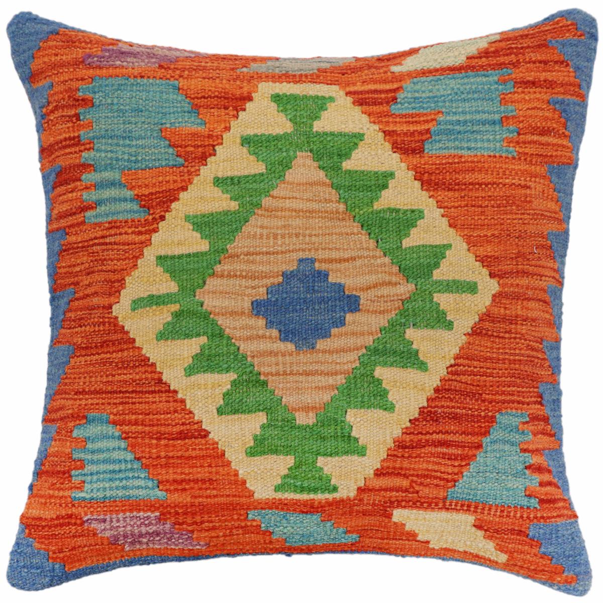 handmade Traditional Pillow Rust Blue Hand-Woven SQUARE 100% WOOL Hand woven turkish pillow2' x 2'