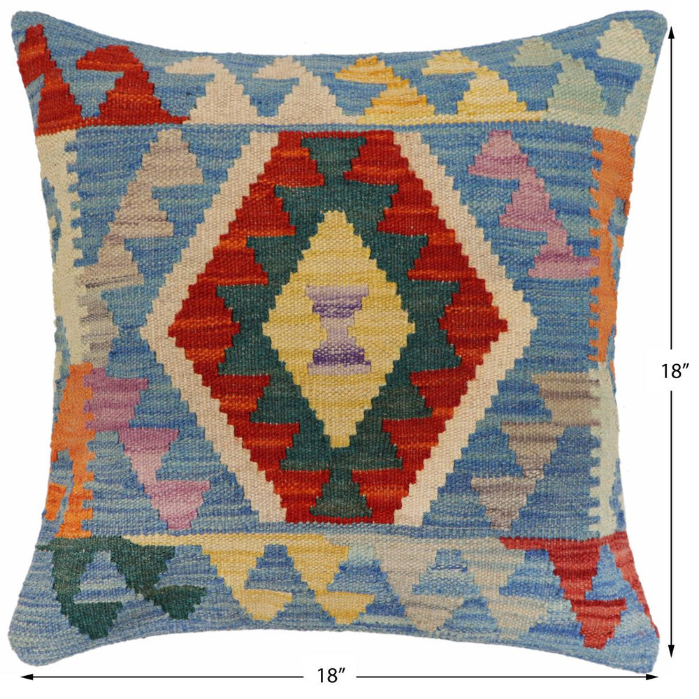 handmade Traditional Pillow Blue Rust Hand-Woven SQUARE 100% WOOL Hand woven turkish pillow2' x 2'