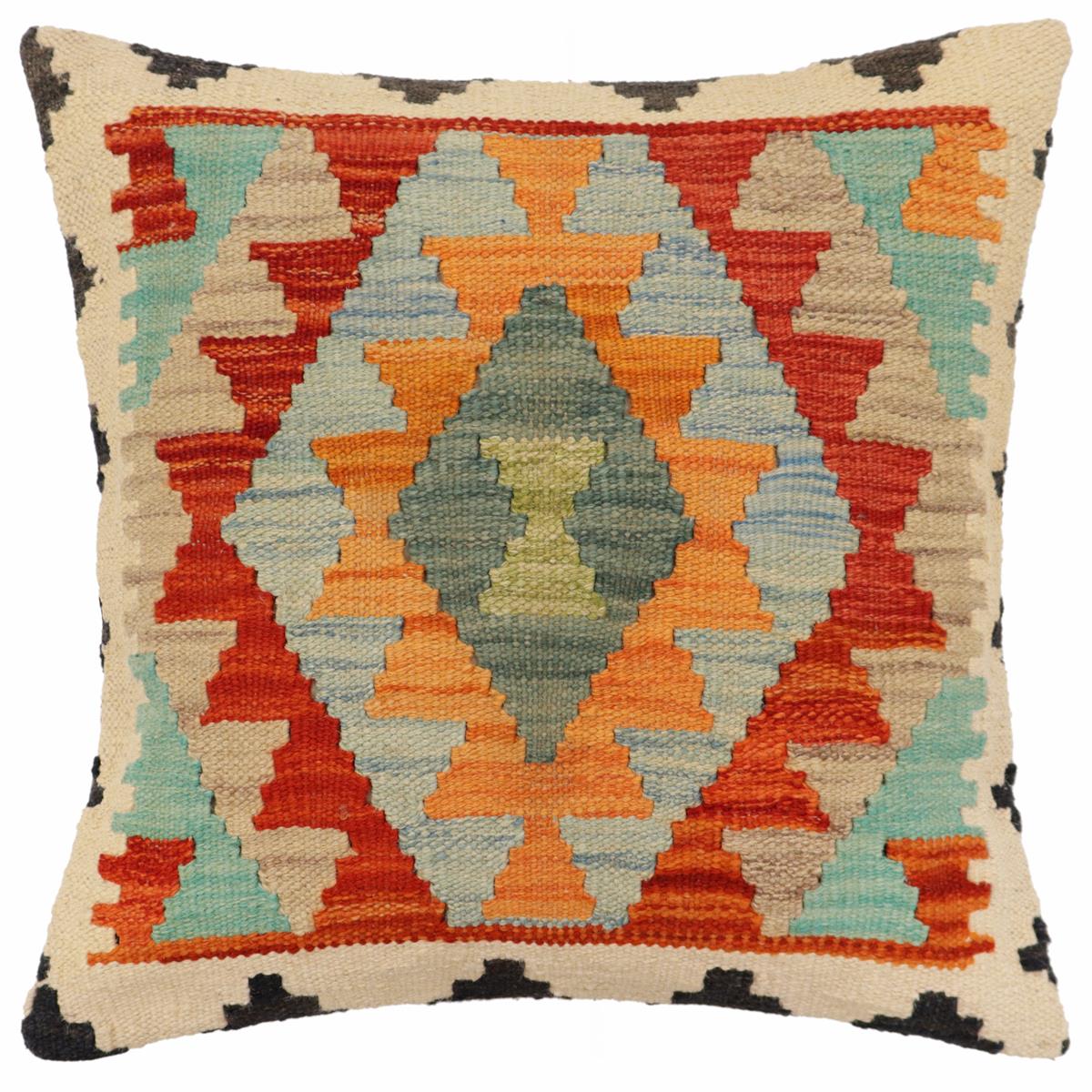 handmade Traditional Pillow Rust Blue Hand-Woven SQUARE 100% WOOL  Hand woven turkish pillow  2 x 2