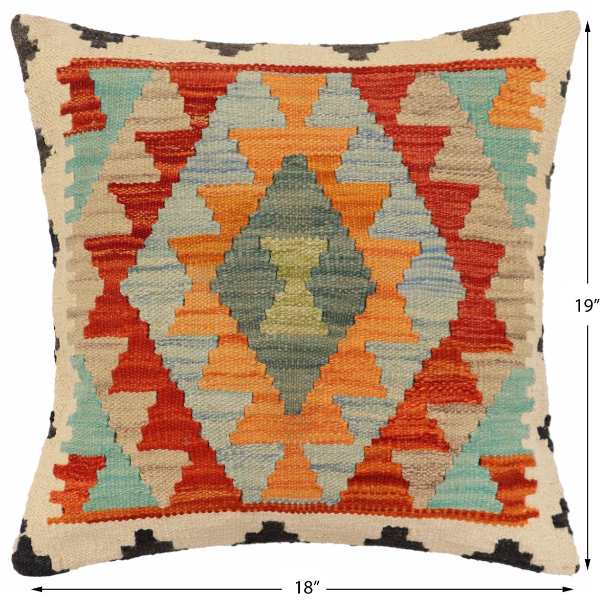 handmade Traditional Pillow Rust Blue Hand-Woven SQUARE 100% WOOL  Hand woven turkish pillow  2 x 2