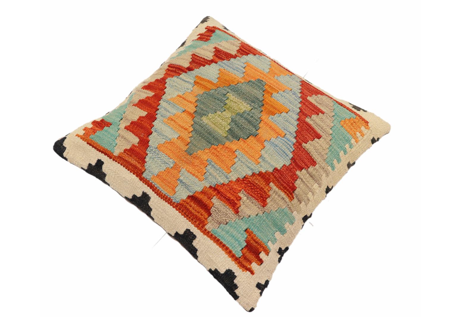 handmade Traditional Pillow Rust Blue Hand-Woven SQUARE 100% WOOL  Hand woven turkish pillow  2 x 2