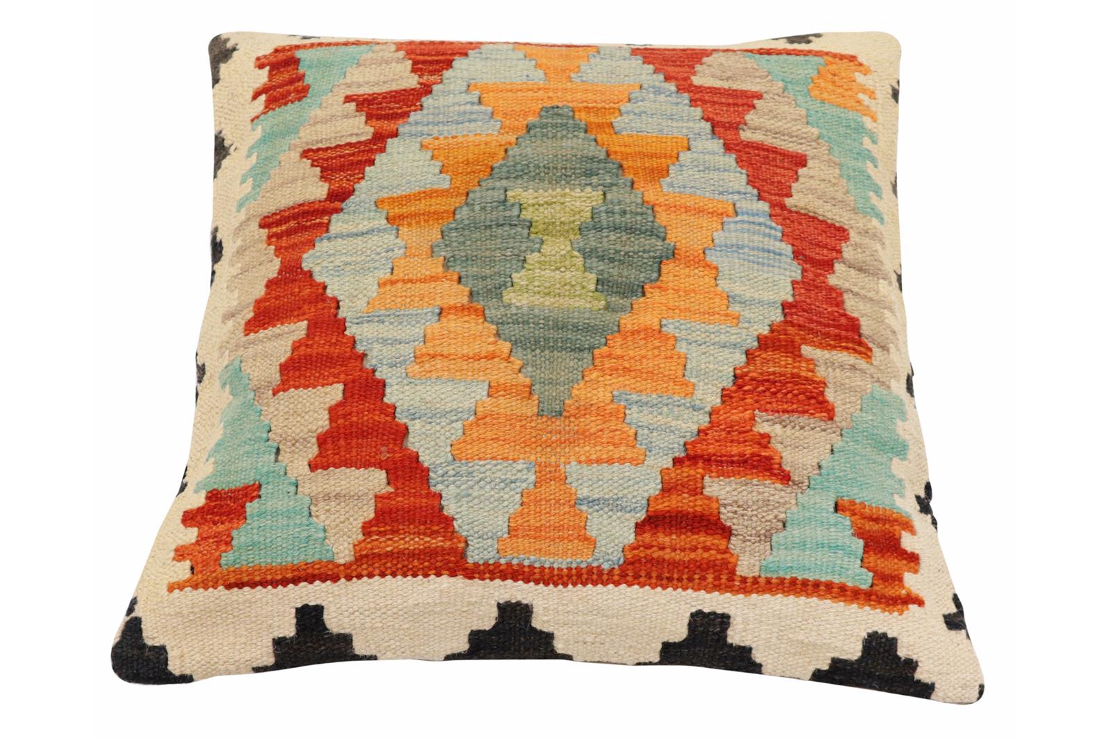 handmade Traditional Pillow Rust Blue Hand-Woven SQUARE 100% WOOL  Hand woven turkish pillow  2 x 2