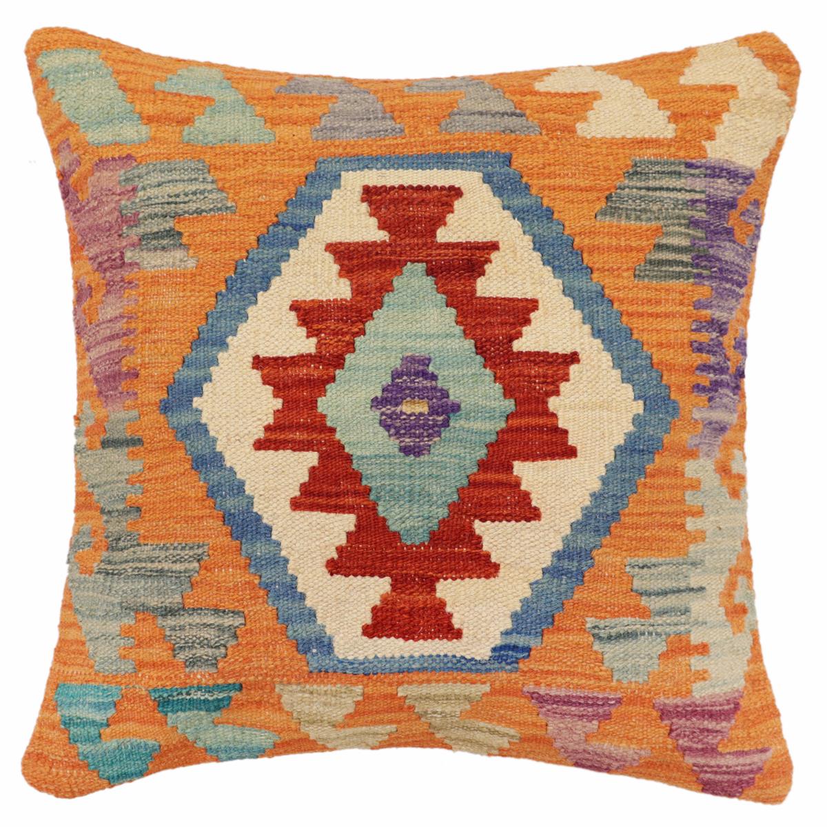 handmade Traditional Pillow Rust Blue Hand-Woven SQUARE 100% WOOL Hand woven turkish pillow2' x 2'