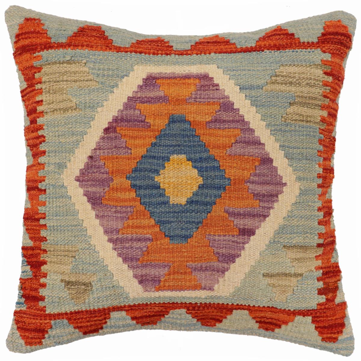 handmade Traditional Pillow Blue Rust Hand-Woven SQUARE 100% WOOL Hand woven turkish pillow2 x 2