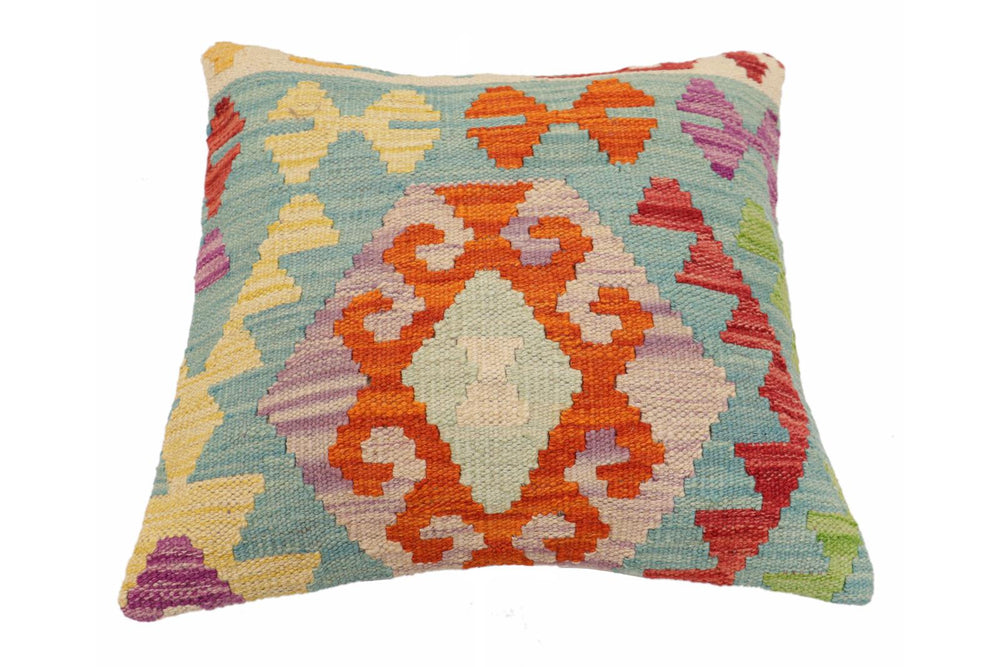 handmade Traditional Pillow Blue Rust Hand-Woven SQUARE 100% WOOL Hand woven turkish pillow2' x 2'