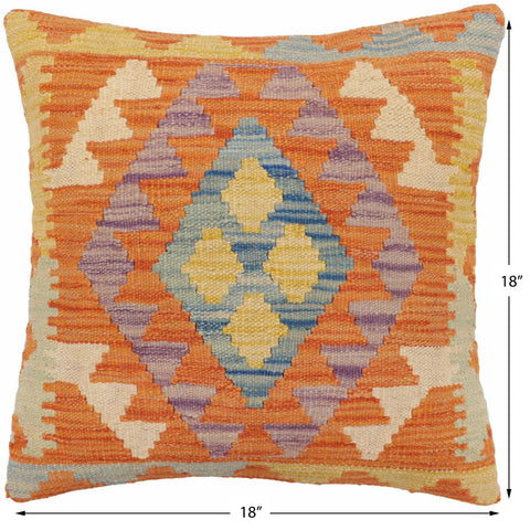 handmade Traditional Pillow Orange Blue Hand-Woven SQUARE 100% WOOL Hand woven turkish pillow2' x 2'