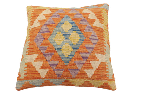 handmade Traditional Pillow Orange Blue Hand-Woven SQUARE 100% WOOL Hand woven turkish pillow2' x 2'